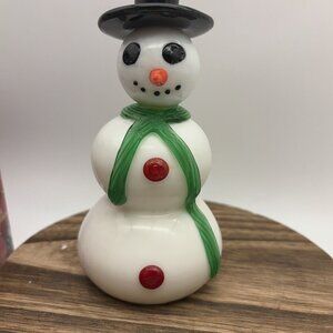 Fused Hand Blown Glass Snowman Figurine Black Top Hat Scarf Winter Christmas